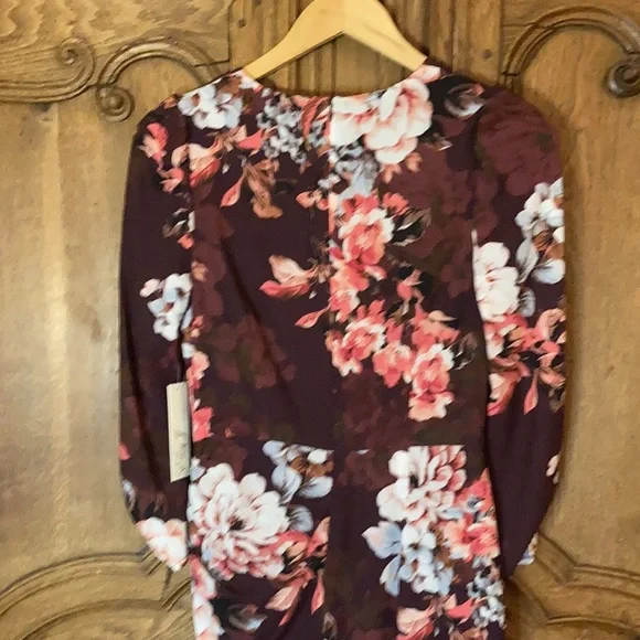 Eliza J Burgundy Purple Pink Floral Dress V Neck Fitted 3/4 Sleeve - Picture 11 of 15